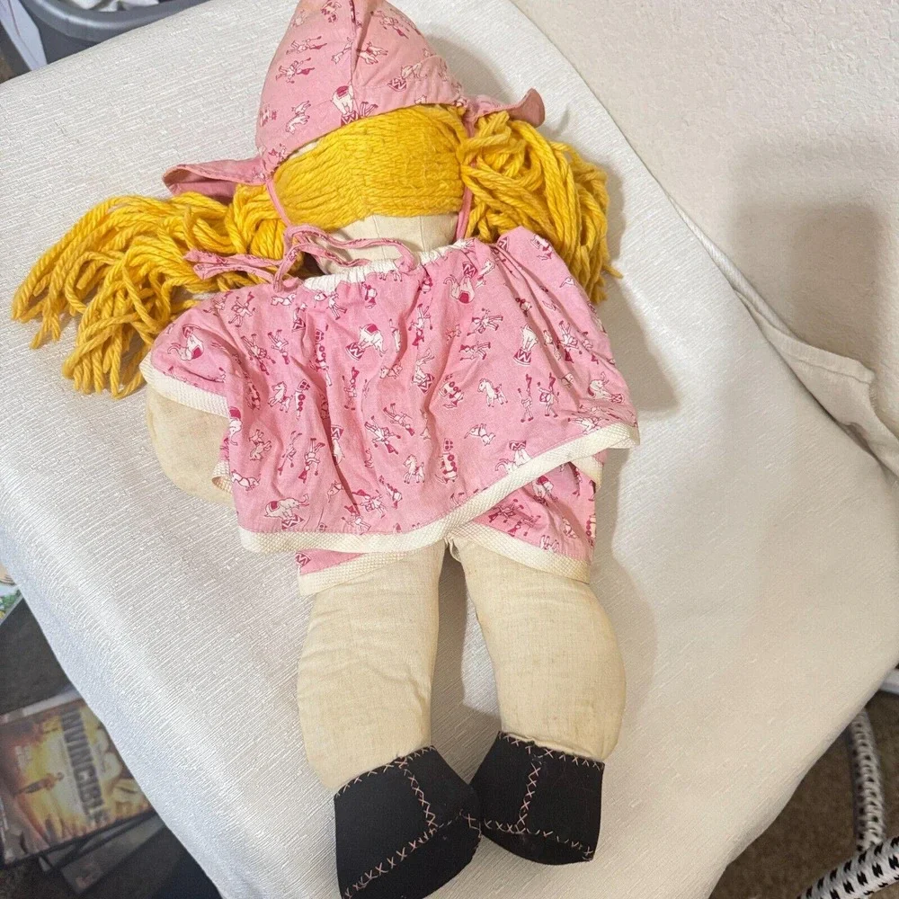 Vintage Handmade Rag Doll Yellow Yarn Hair Pink Circus Outfit Cottagecore 18